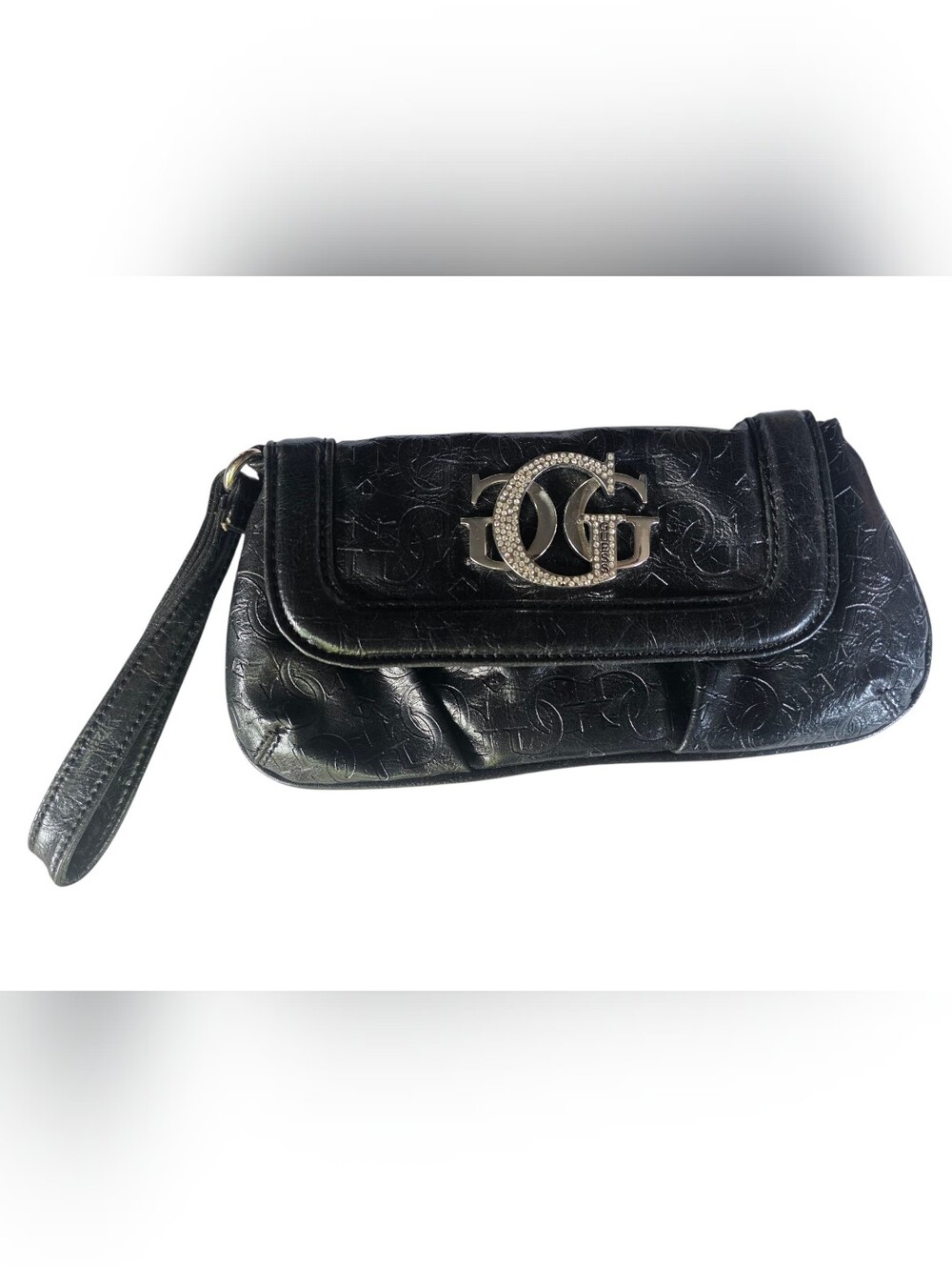 Guess Embossed Black Leather Wristlet Clutch with Crystal Logo